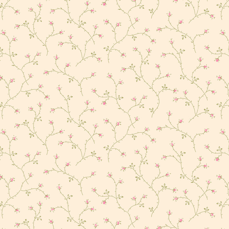 A light beige background with delicate green branches and small pink flowers in a repeating pattern.