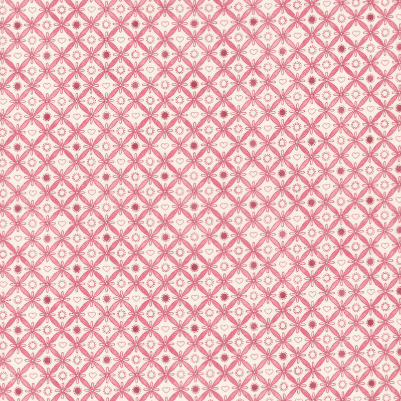 Pattern of geometric shapes in pink tones featuring hearts, stars, and floral motifs on a light background.