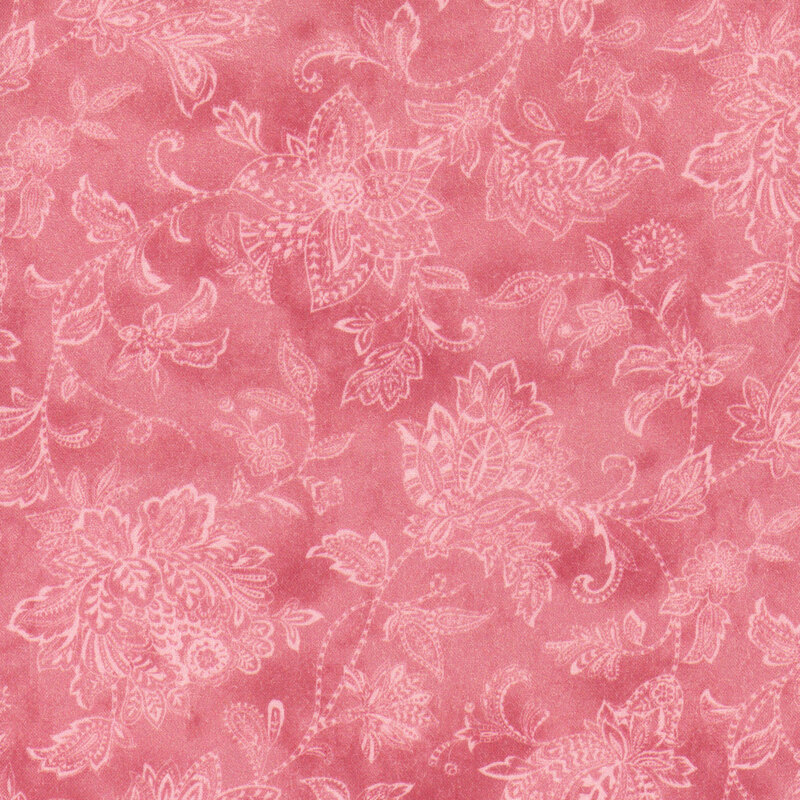 A textured pink background featuring intricate white floral and paisley designs.