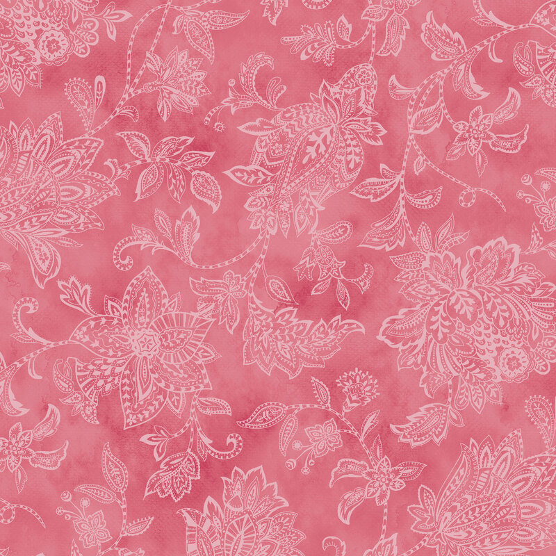 A textured pink background featuring intricate white floral and paisley designs.