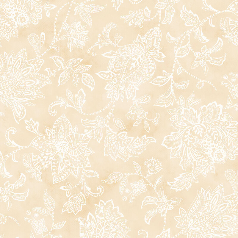 Light beige fabric with intricate white floral and paisley patterns.