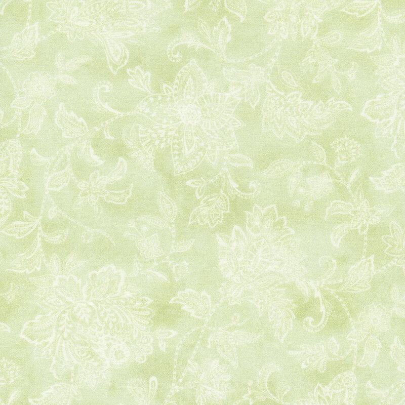 Light green fabric with intricate white floral and paisley patterns throughout.