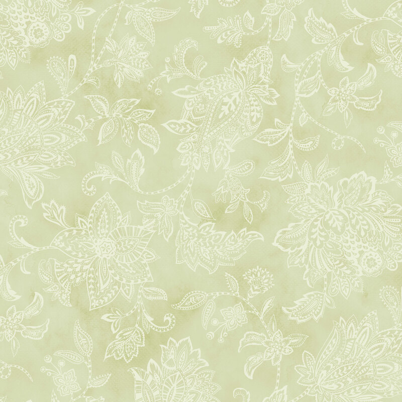 Light green fabric with intricate white floral and paisley patterns throughout.