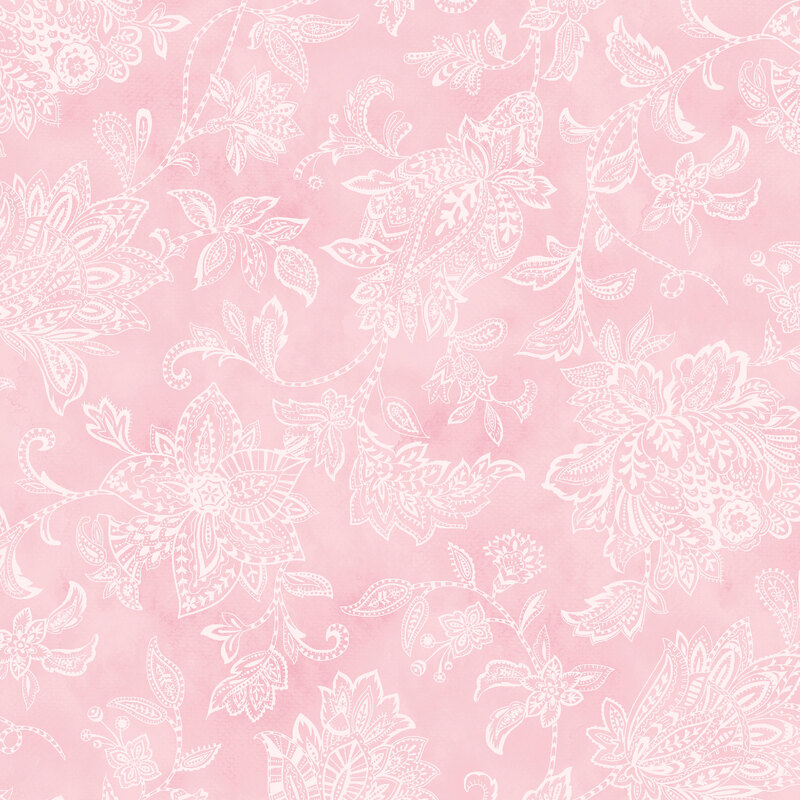 Light pink background featuring intricate white floral and paisley patterns.