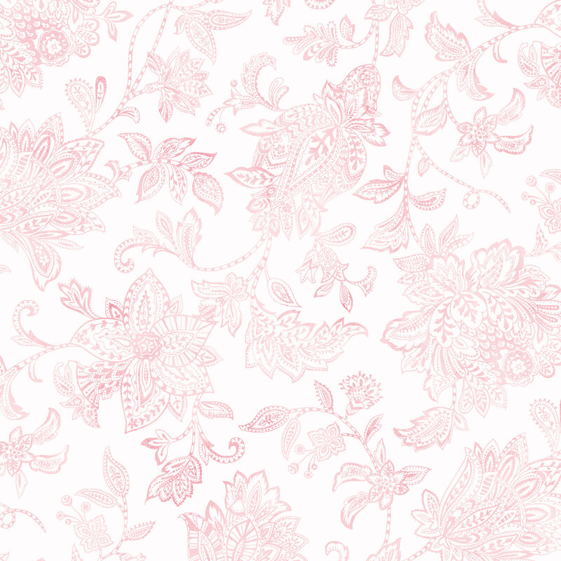 Light pink floral pattern featuring intricate flowers and leaves on a white background.
