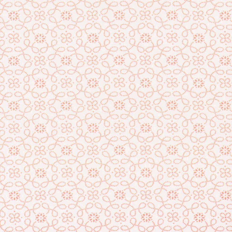 A repeating pattern of delicate pink swirls and floral shapes on a soft white background.
