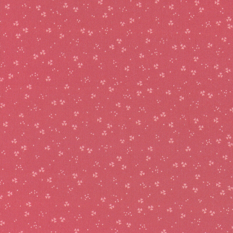 A raspberry colored background with small abstract patterns scattered throughout.
