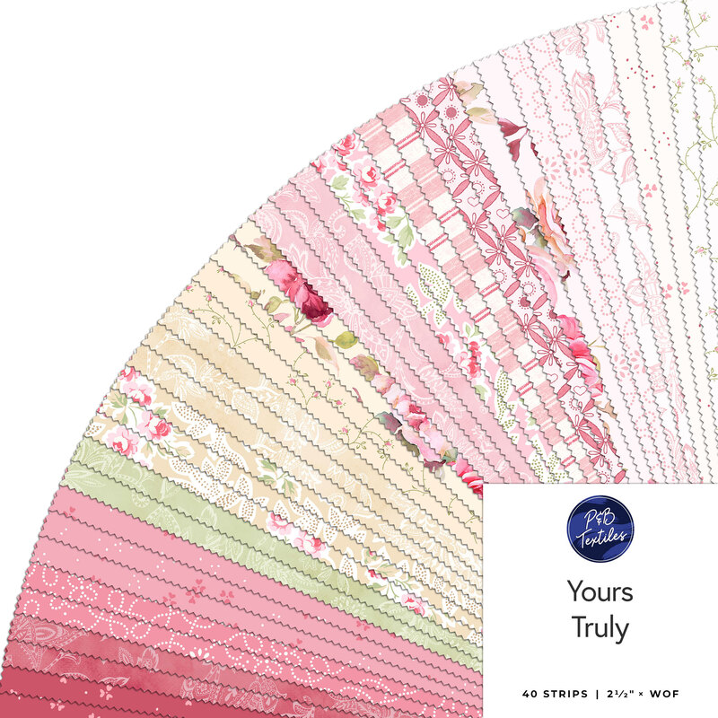 Collection of 40 fabric strips in pink, cream, and green patterns, labeled Yours Truly.
