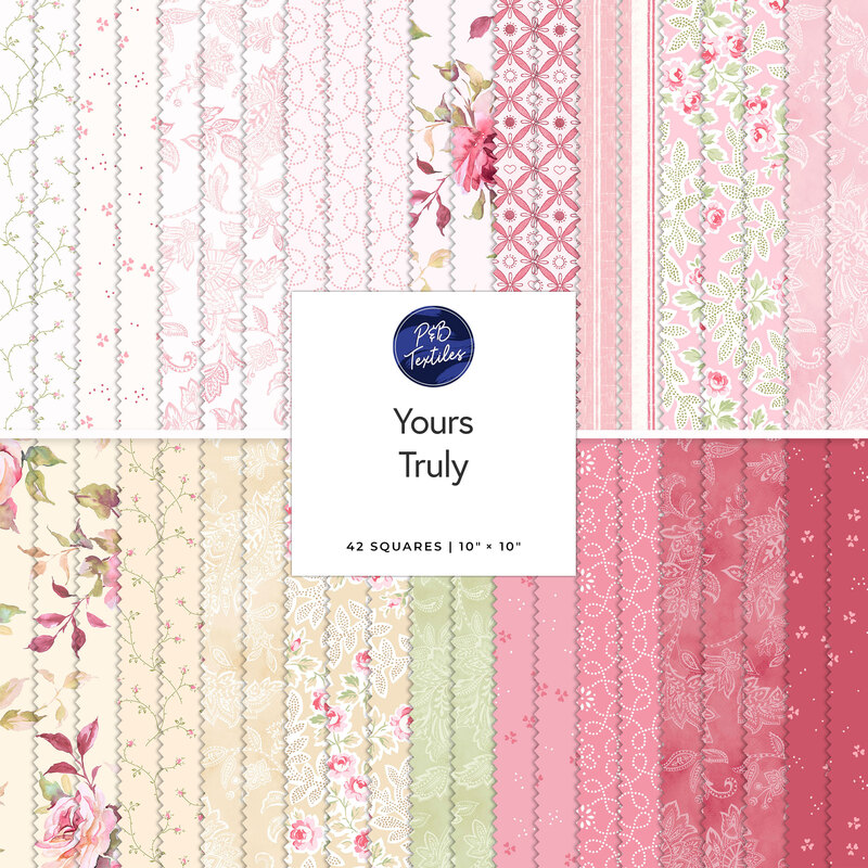 A collection of fabric squares in pink, cream, and floral patterns labeled Yours Truly with 42 squares.
