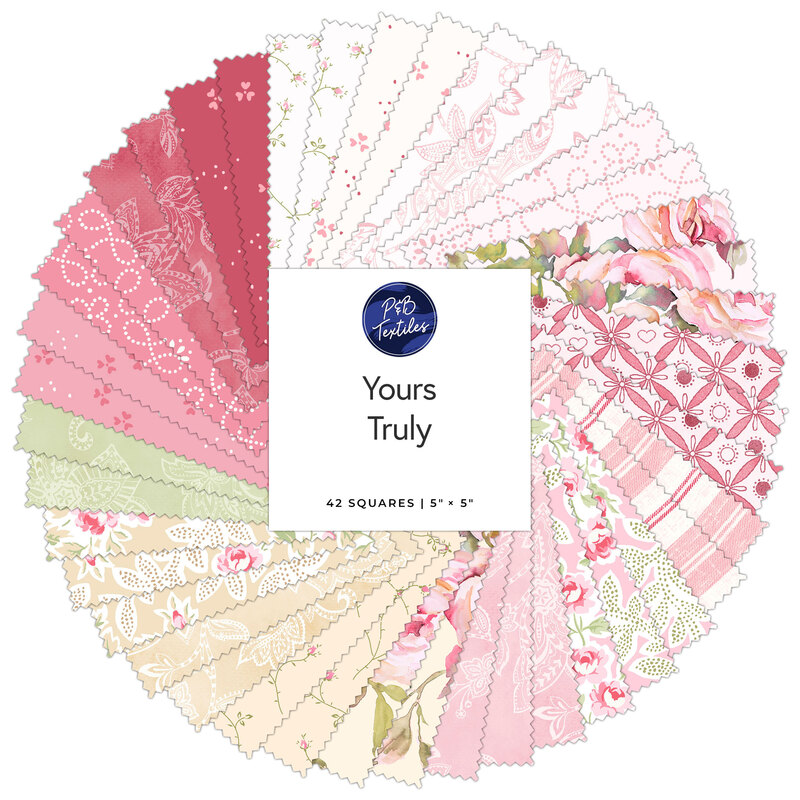 A circular arrangement of 42 fabric squares in various shades of pink and floral patterns labeled Yours Truly.