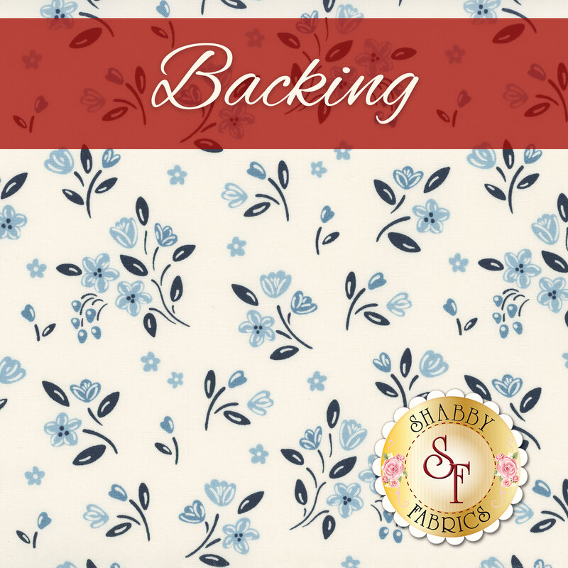 Light cream fabric with blue floral pattern labeled backing.
