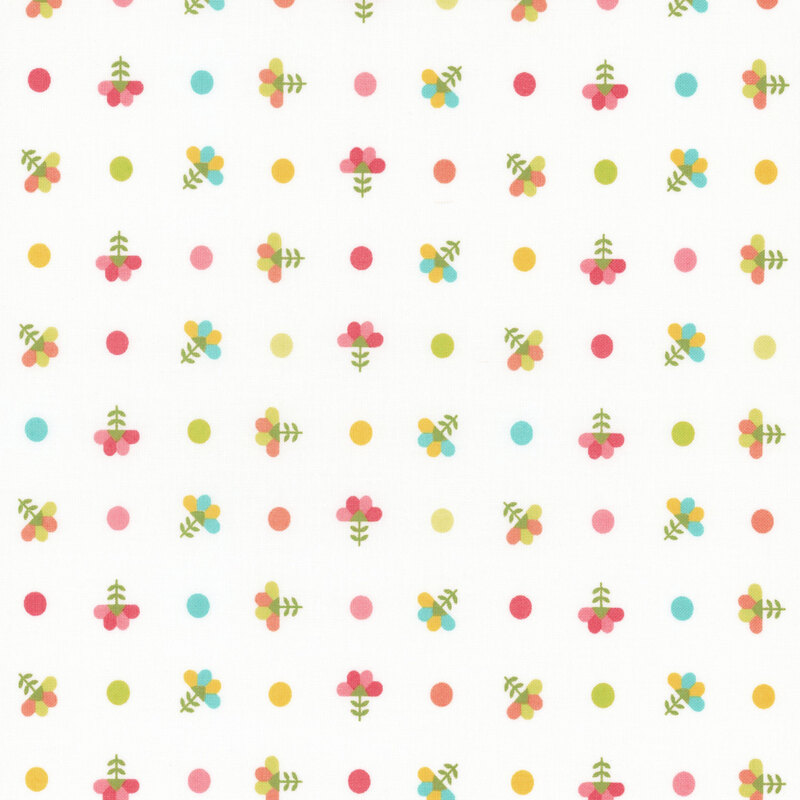 White fabric with colorful polka dots and ditsy florals.