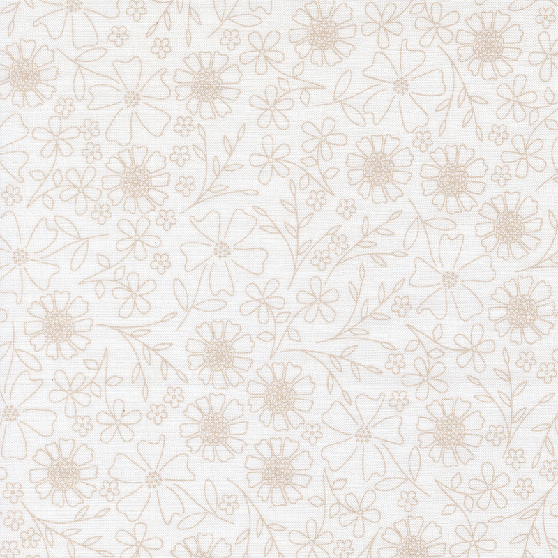 White fabric with light tan outlined florals.