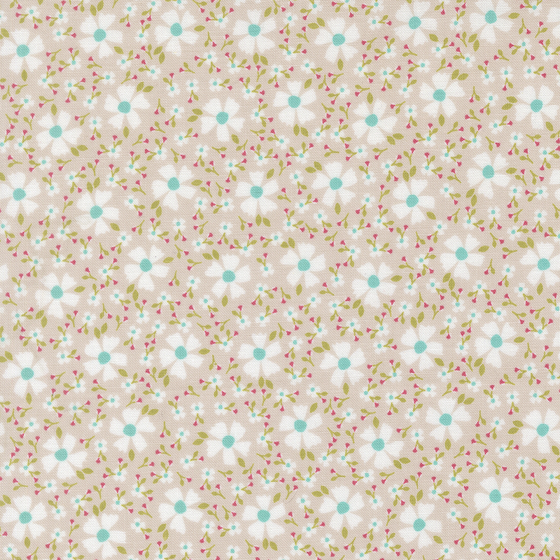 Light stone gray fabric with white florals and smaller blossoms scattered between.