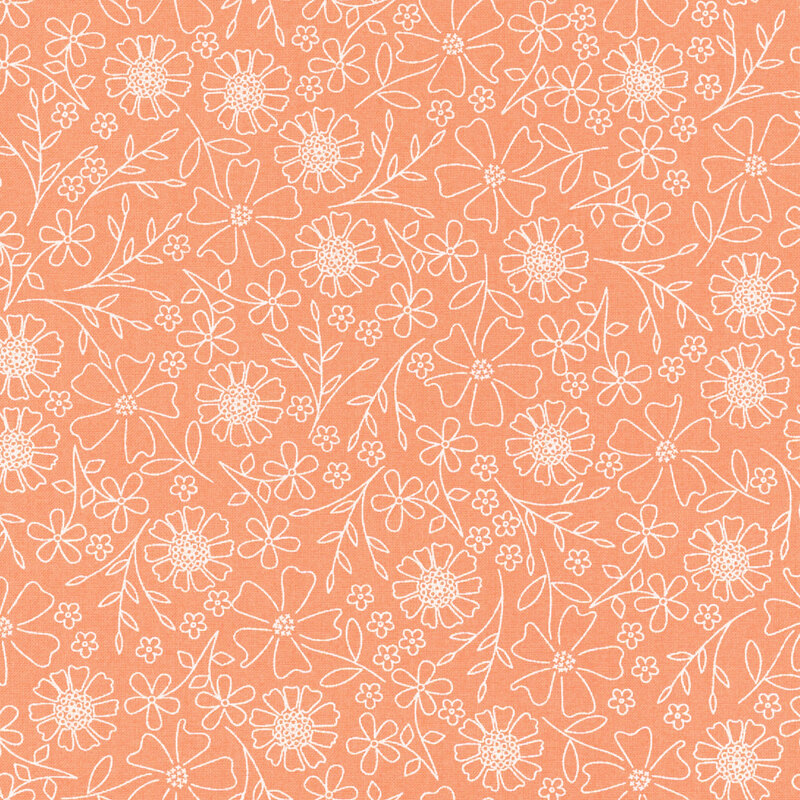 Coral orange fabric with white outlined flowers.