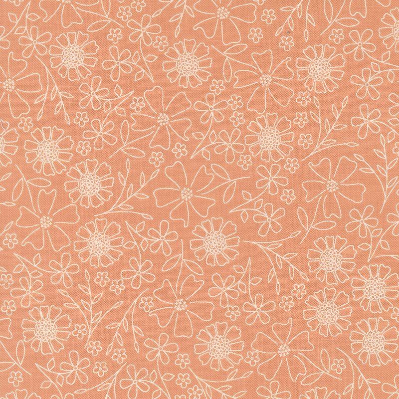 Coral orange fabric with white outlined flowers.
