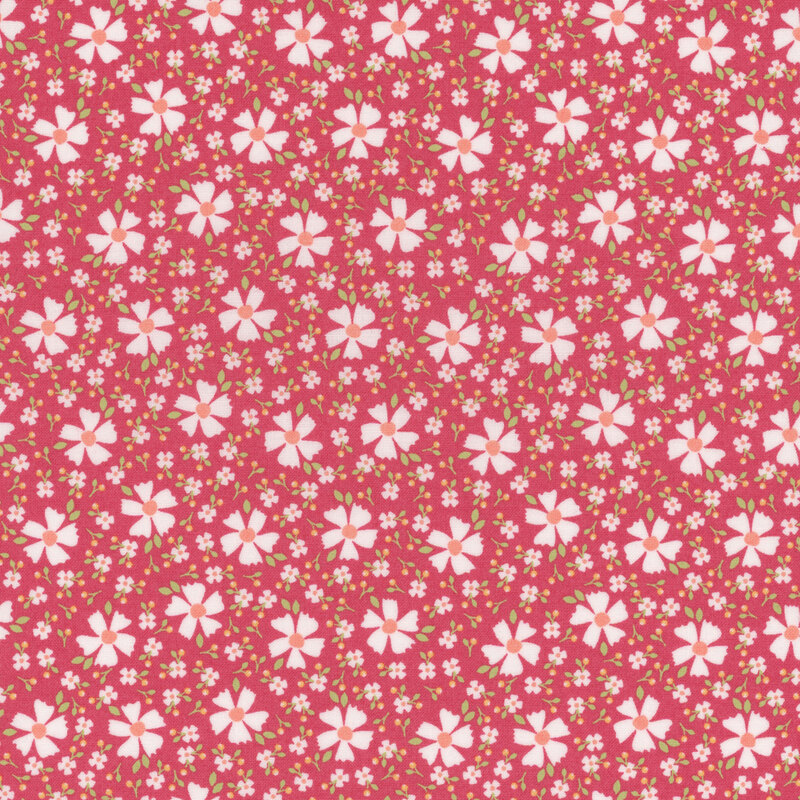 Strawberry red fabric with white florals and smaller blossoms scattered between.
