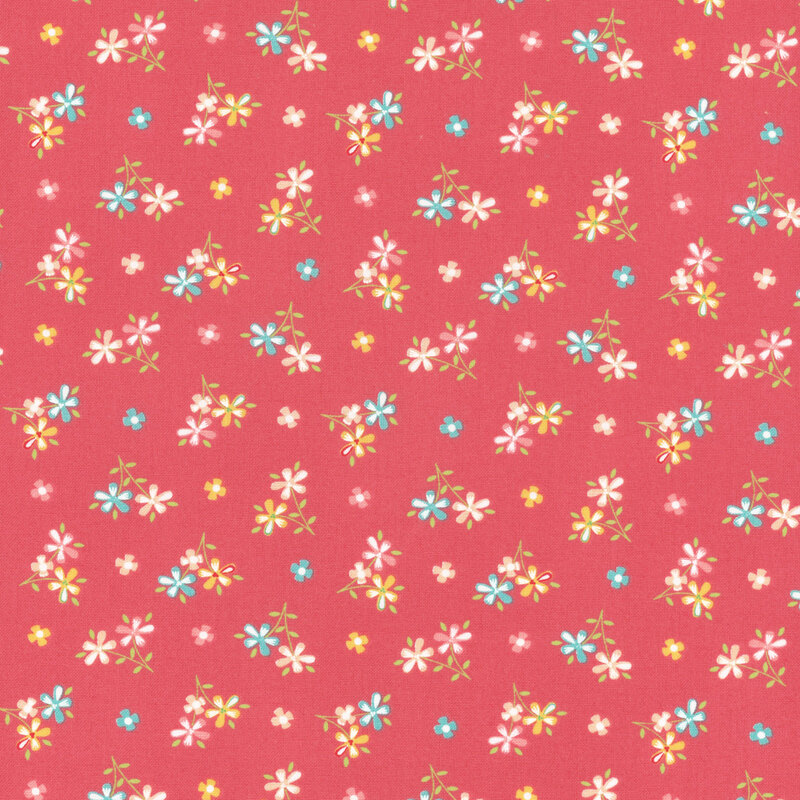 Strawberry red fabric with scattered multicolor bouquets and flower blossoms. 
