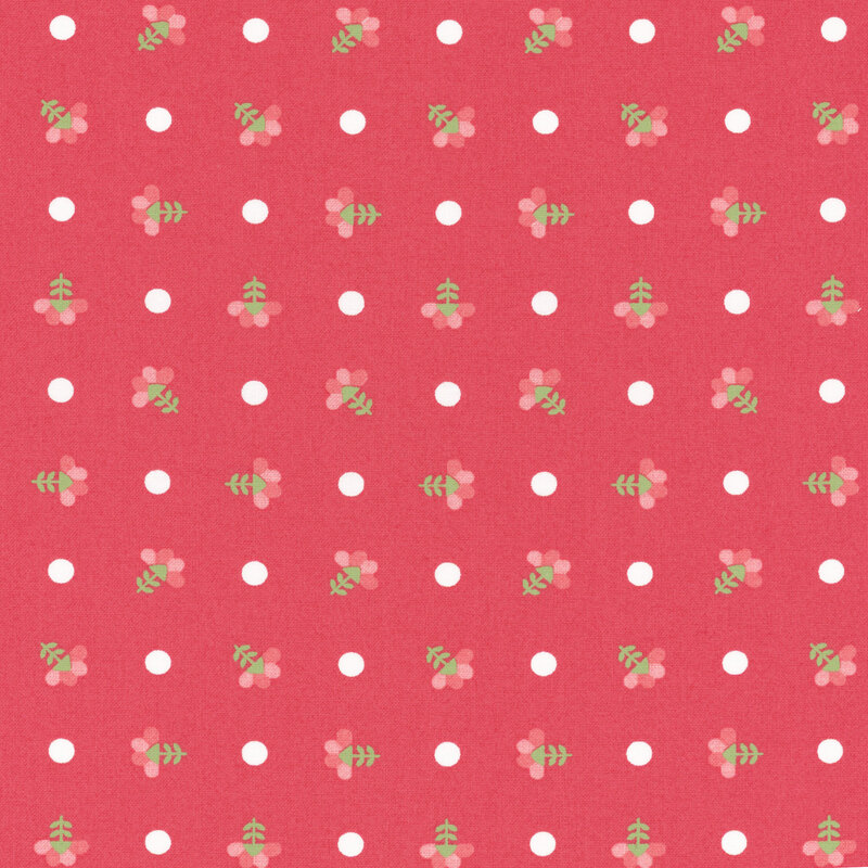 Strawberry red fabric with white polka dots and ditsy florals.