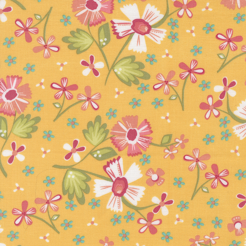 Golden fabric with white, pink, and blue scattered florals.