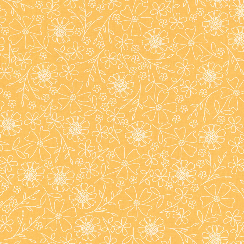 Golden yellow fabric with white outlined florals.