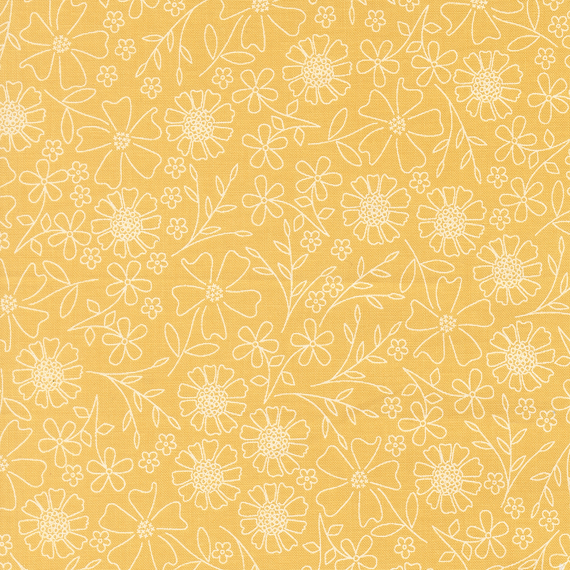 Golden yellow fabric with white outlined florals.