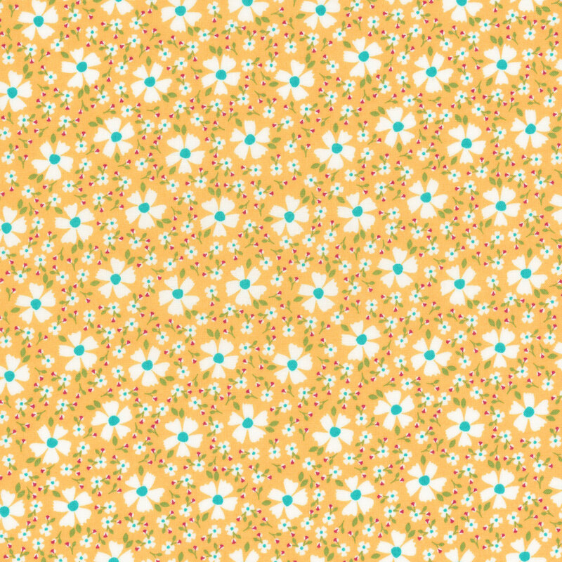 Golden yellow fabric with white florals and smaller blossoms scattered between.