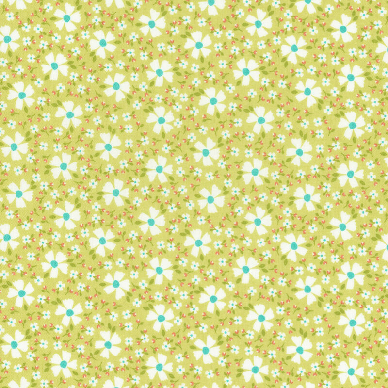 Lime green fabric with white florals and smaller blossoms scattered between.