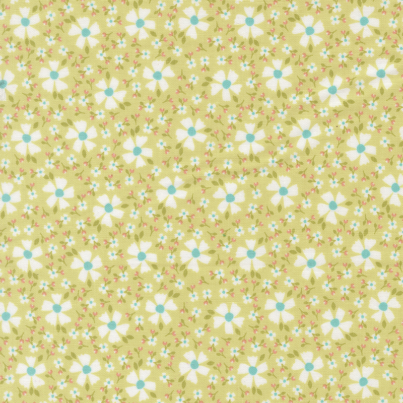 Lime green fabric with white florals and smaller blossoms scattered between.