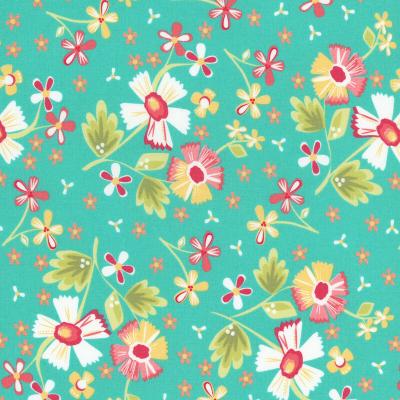 Aqua fabric with white, pink, yellow, and orange scattered florals.