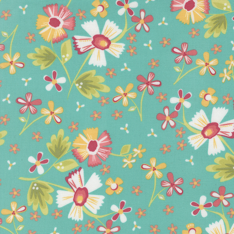 Aqua fabric with white, pink, yellow, and orange scattered florals.