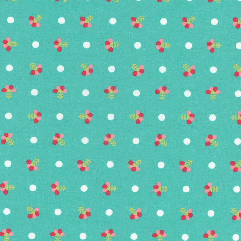Aqua fabric with white polka dots and ditsy florals.