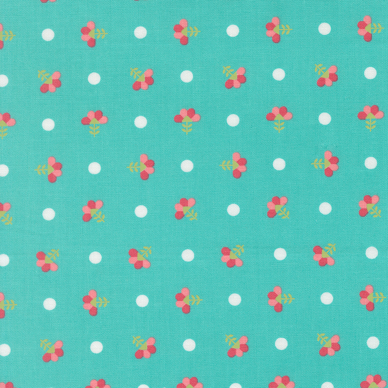 Aqua fabric with white polka dots and ditsy florals.