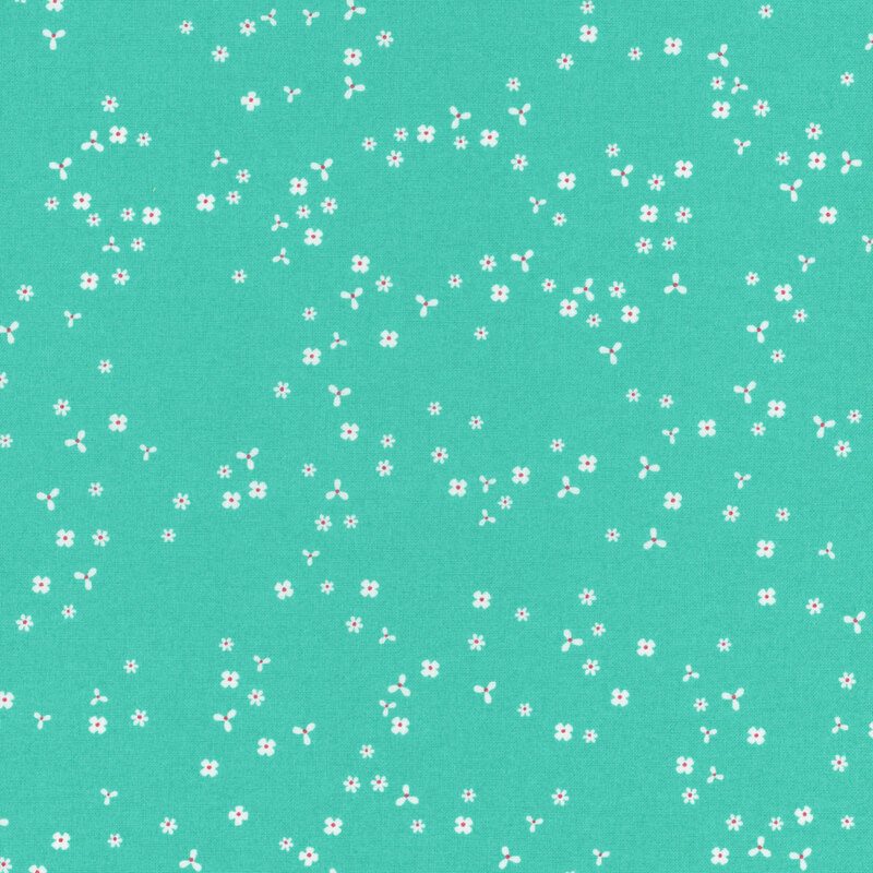 Aqua fabric with scattered, tiny white flower blossoms.