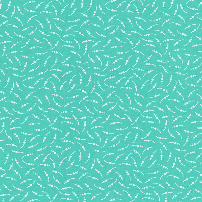 Aqua fabric with abstract dots and lines scattered across the design.