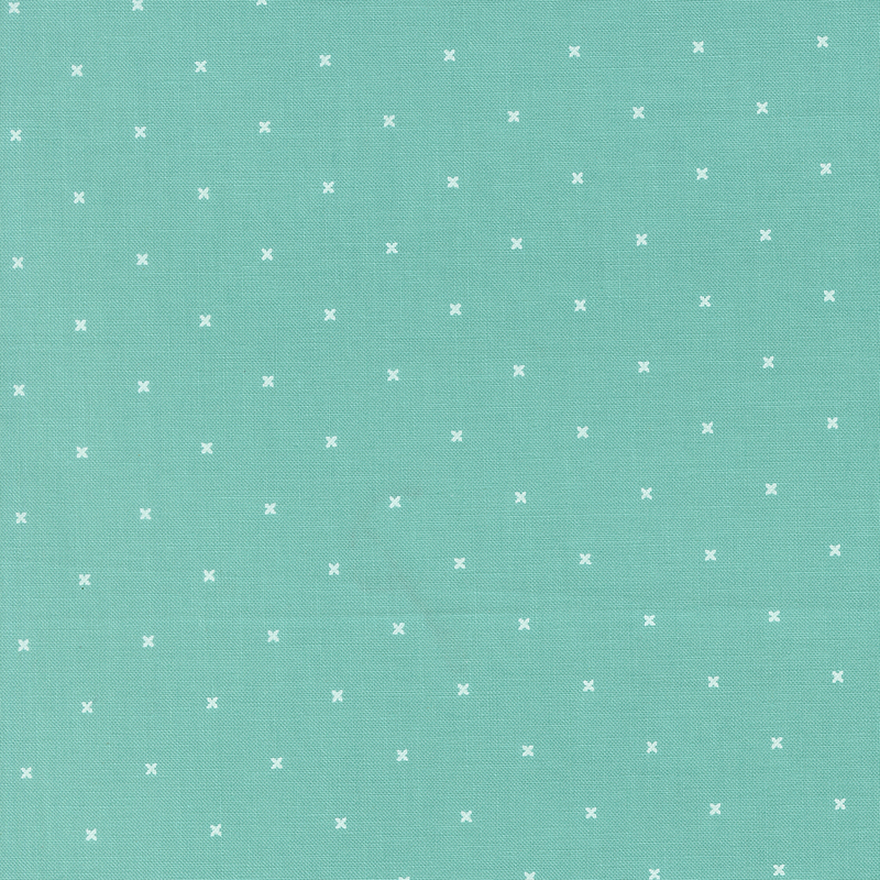 Aqua fabric with small x's that resemble cross stitching.