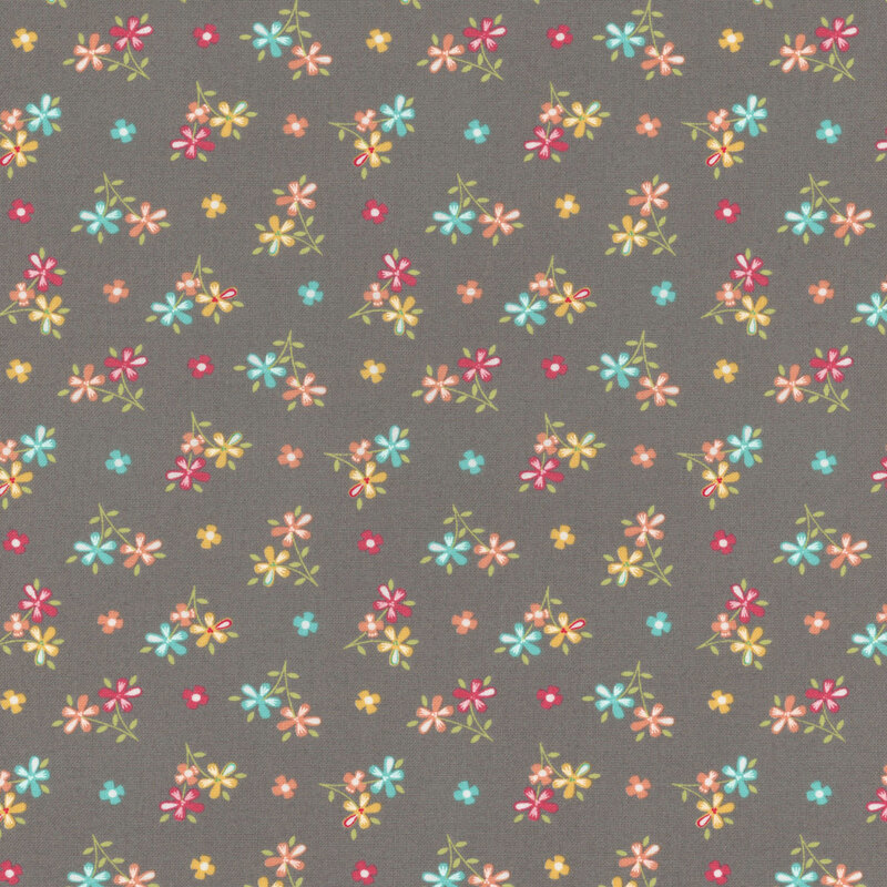 Stone gray fabric with scattered multicolor bouquets and flower blossoms. 