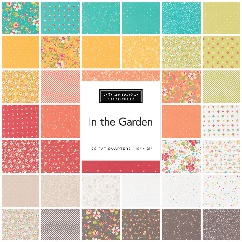 A grid collage of the summer fabrics included in the In the Garden Fat Quarter Set.