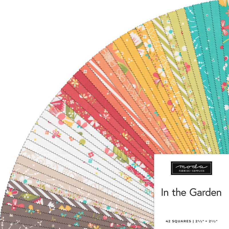 A fanned collage of the summer fabrics included in the In the Garden Jelly Roll.