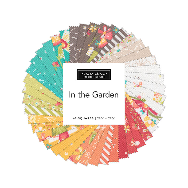 A spiral collage of the summer fabrics included in the In the Garden Mini Charm Pack.