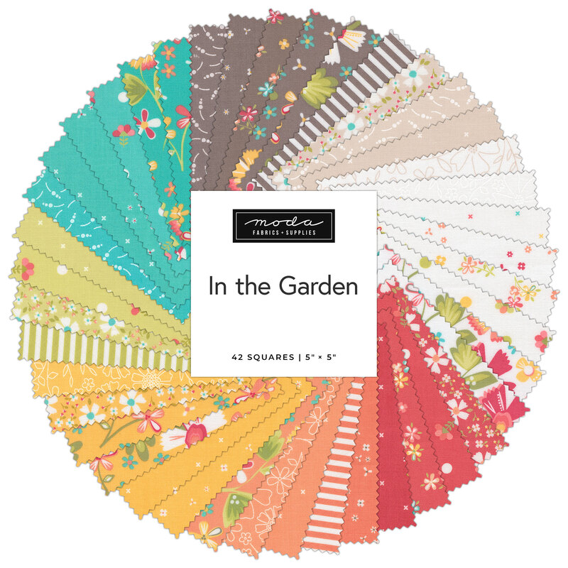 A spiral collage of the summer fabrics included in the In the Garden Charm Pack.