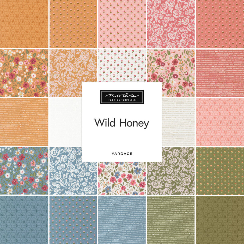 Collage of fabrics in the Wild Honey collection featuring bee and floral themed fabrics.