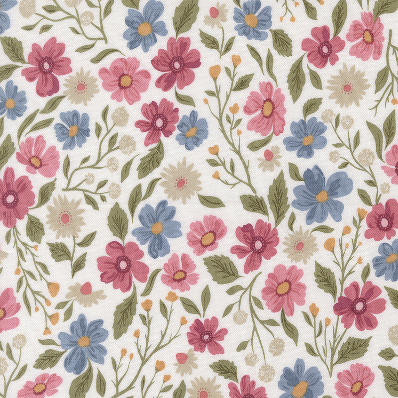 Cream fabric featuring various dark pink, cream, and blue flowers with green leaves and vines.