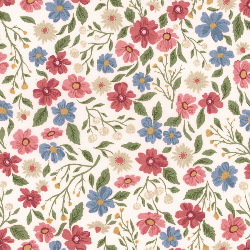 Cream fabric featuring various dark pink, cream, and blue flowers with green leaves and vines.