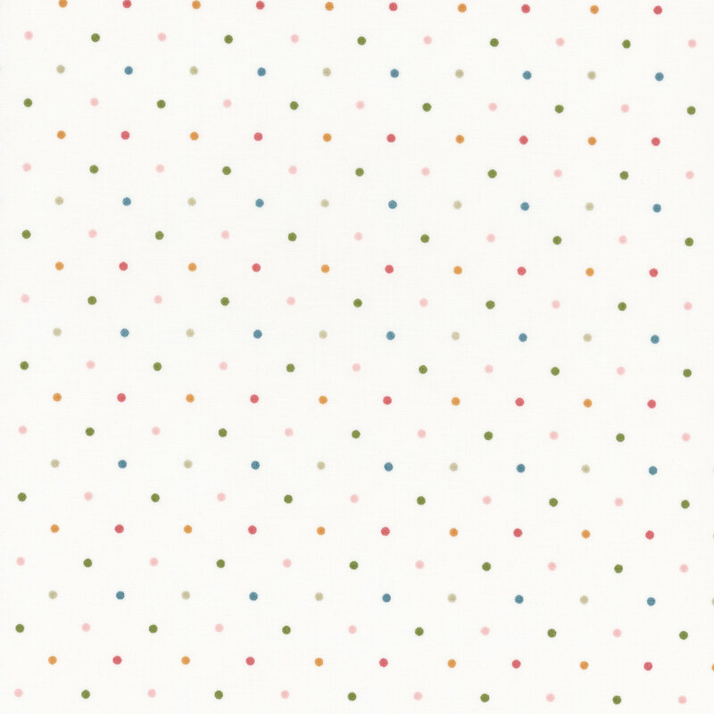 White fabric with a multicolored polka dot pattern.
