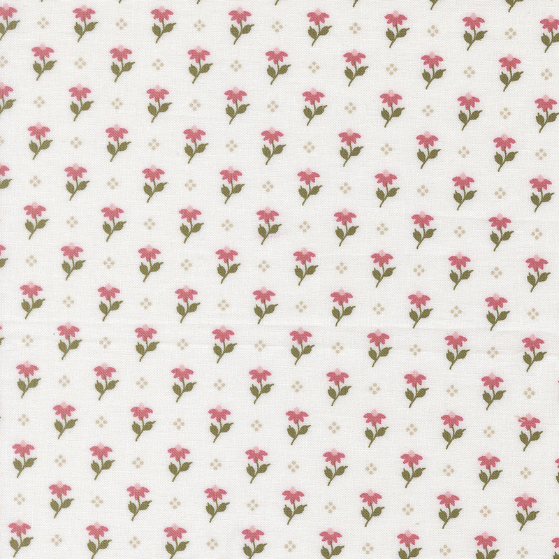 Cream fabric featuring a pattern of pink flowers and white dots.