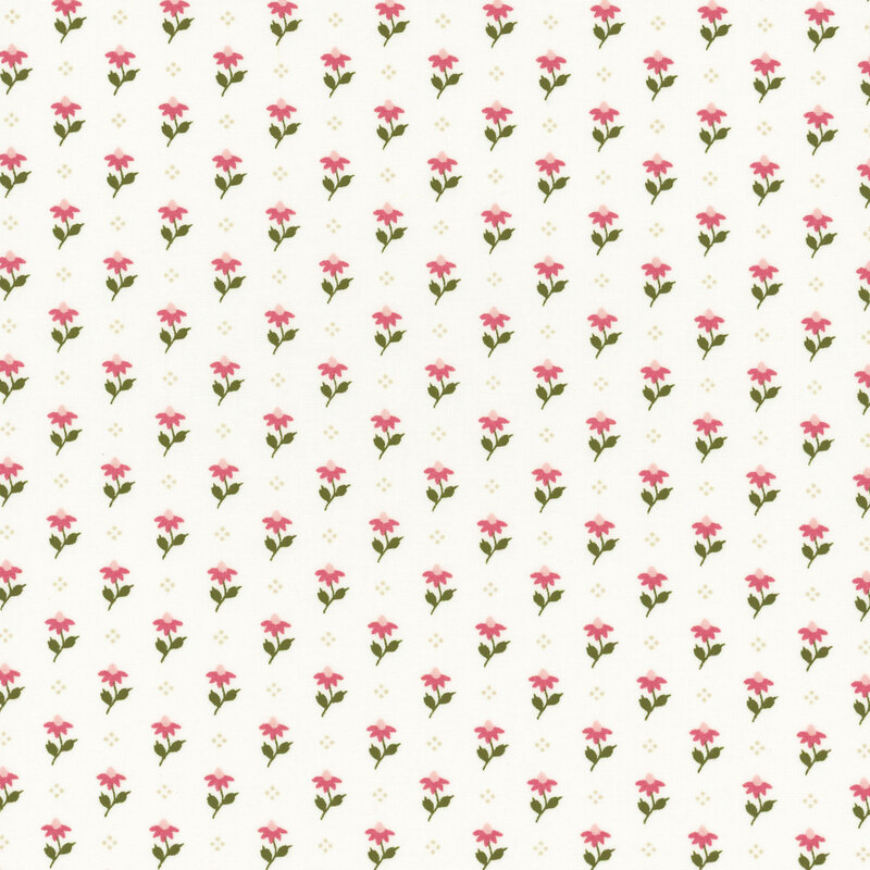 Cream fabric featuring a pattern of pink flowers and white dots.