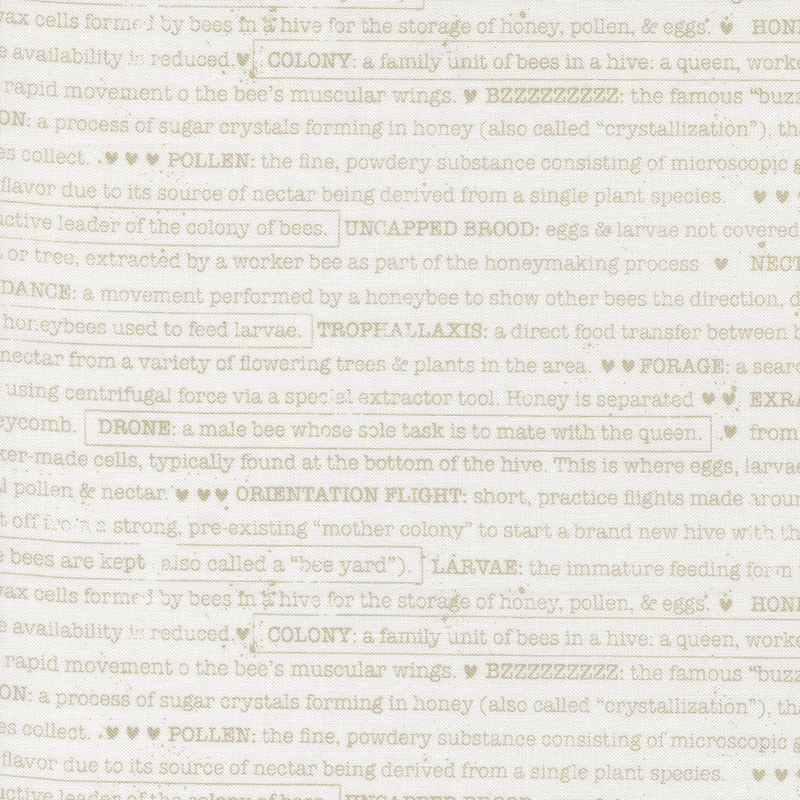 Cream fabric featuring text about bees and beekeeping