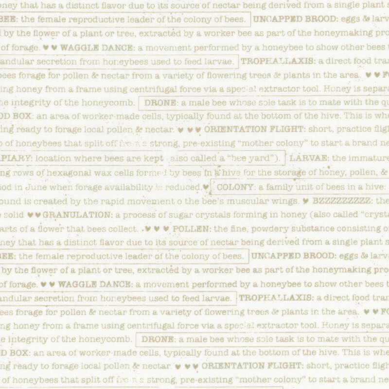 Cream fabric featuring text about bees and beekeeping