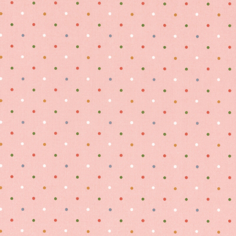 Light pink fabric with a multicolored polka dot pattern.